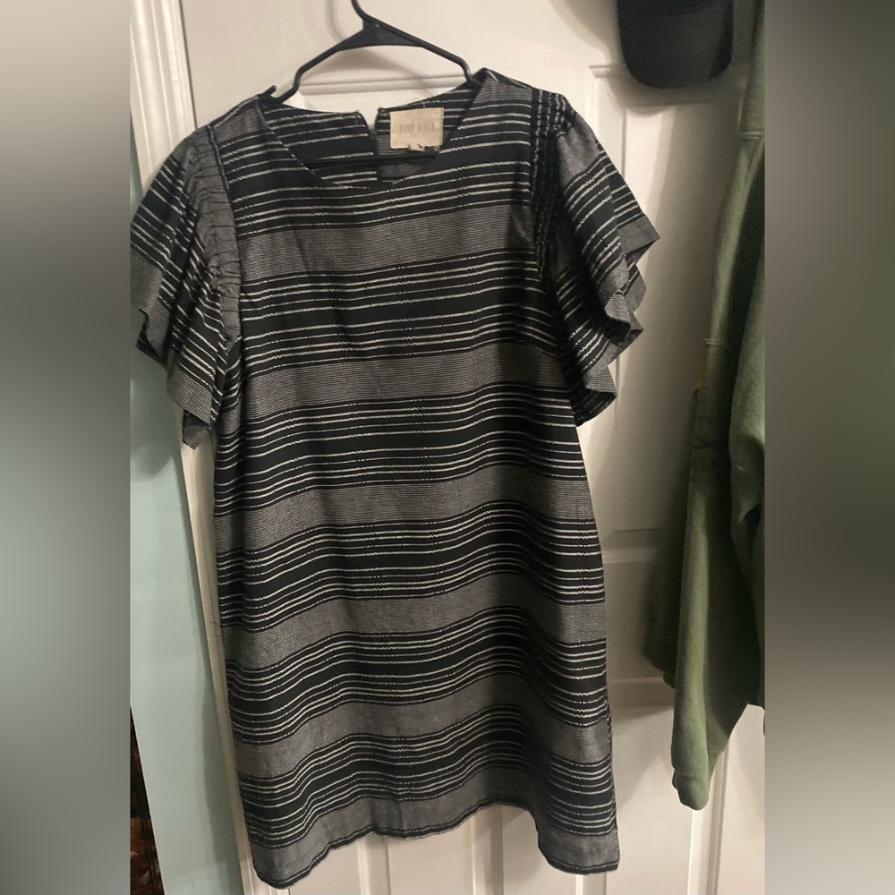 Moon River Black and White Striped Dress with Ruffle sleeves